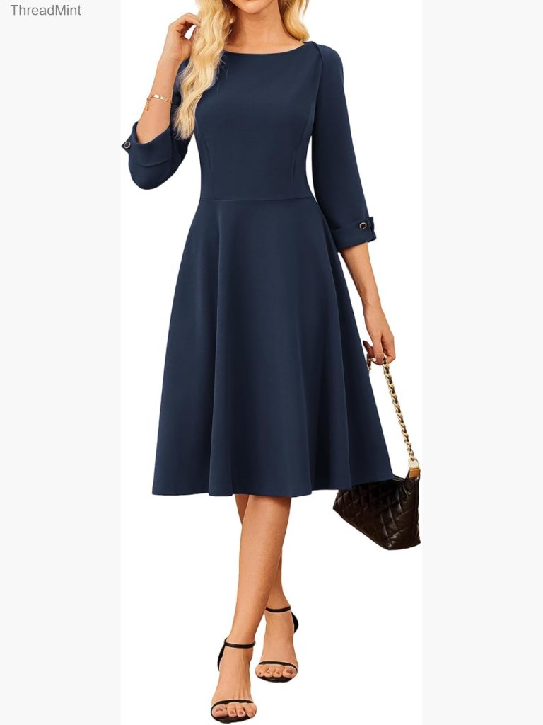 Work Dress With Pockets 3/4 Sleeve Fit Flare Midi Office Business